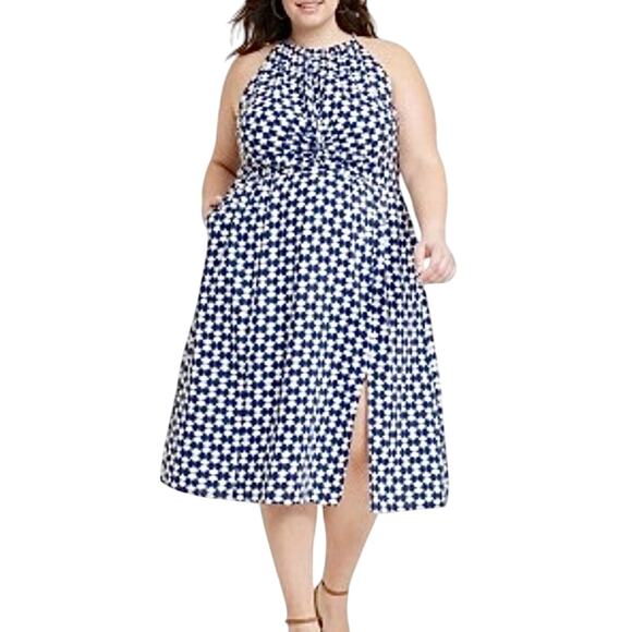 Ava & Viv Halter Linen Midi Dress Size 2X Blue Geometric Pockets Beachy Coastal - Picture 1 of 9